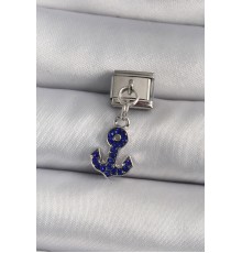 316L Çelik Gümüş Renk Sallantı Mavi Zirkon Taşlı Çapa Model Nomination Charm - TJ-BC1135