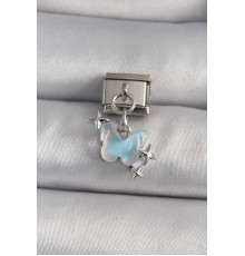 316L Çelik Gümüş Renk Sallantı Mavi Sedefli Kelebek Model Nomination Charm - TJ-BC1147