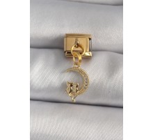 316L Çelik Gold Renk Zirkon Taşlı Hilal Model Kedi Detay Nomination Charm - TJ-BC1184