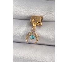 316L Çelik Gold Renk Sallantı Zirkon Taşlı Hilal Model Mavi Zirkon Taşlı Kalp Detay Nomination Charm - TJ-BC1190