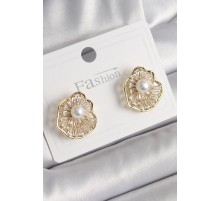 Pirinç Gold Renk Zirkon Taşlı Çiçek Model İnci Detay Kadın Küpe - TJ-BKP9973