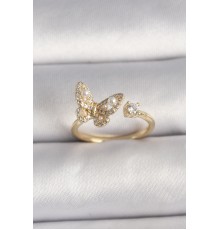 Pirinç Gold Renk Zirkon Taşlı Kelebek Model İnci Detay Ayarlanabilir Yüzük - TJ-BYK3533