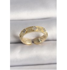 Pirinç Gold Renk Zirkon Taşlı Yonca İşlemeli Ayarlanabilir Yüzük - TJ-BYK3545