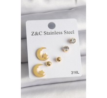 316L Çelik Gold Renk Zirkon Taşlı Ay Yıldız Model Kadın Küpe Seti - TJ-BKP10005