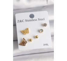 316L Çelik Gold Renk Zirkon Taşlı Kelebek Figür Kadın Küpe Seti - TJ-BKP10007