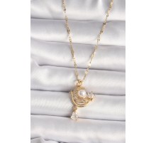 316L Gold Renk Zirkon Taşlı Ay Yıldız Model Sallantı Detay Kadın Kolye - TJ-BKO9672