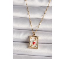 316L Gold Renk Zirkon Taşlı Kırmızı Kalp Figür El Detay Portre Model Kadın Kolye - TJ-BKO9678