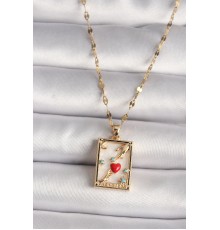 316L Gold Renk Zirkon Taşlı Kırmızı Kalp Figür El Detay Portre Model Kadın Kolye - TJ-BKO9678