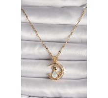 316L Çelik Gold Renk Zirkon Taşlı Hilal Mavi Sedefli Kedi Figür Yıldız Detay Kadın Kolye - TJ-BKO9682