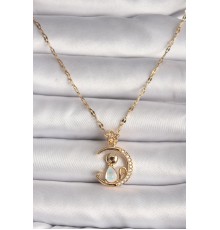 316L Çelik Gold Renk Zirkon Taşlı Hilal Mavi Sedefli Kedi Figür Yıldız Detay Kadın Kolye - TJ-BKO9682