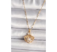316L Çelik Gold Renk Zirkon Taşlı İstiridye Model İnci Detay Kadın Kolye - TJ-BKO9684