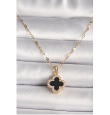 316L Çelik Gold Renk Zirkon Taşlı Siyah Yonca Model Kadın Kolye - TJ-BKO9690