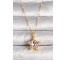 316L Çelik Gold Renk Zirkon Taşlı Pembe Yıldız Model Kadın Kolye - TJ-BKO9699
