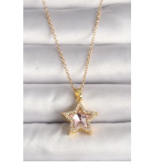 316L Çelik Gold Renk Zirkon Taşlı Pembe Yıldız Model Kadın Kolye - TJ-BKO9699