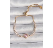 Pirinç Gold Renk Su Yolu Zirkon Taşlı Pembe Zirkon Taşlı Kalp Asansör Model Charm Kadın Bileklik - TJ-BB6650