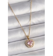 316L Çelik Gold Renk Zincir Pembe Zirkon Taşlı Kalp Model Kadın Kolye - TJ-BKO9718