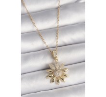 316L Çelik Gold Renk Zincir Zirkon Taşlı Çiçek Model Kadın Kolye - TJ-BKO9726