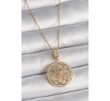 316L Çelik Gold Renk Zincir Zirkon Taşlı Lotus Model Kadın Kolye - TJ-BKO9732