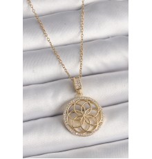 316L Çelik Gold Renk Zincir Zirkon Taşlı Lotus Model Kadın Kolye - TJ-BKO9732