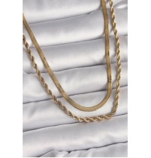 316L Çelik Gold Renk Çift Zincir İtalyan&Burgu Zincir Model Kadın Kolye - TJ-BKO9733