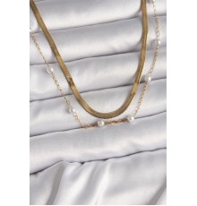 316L Çelik Gold Renk 2'Li İtalyan Zincir İnci Detay Kadın Kolye - TJ-BKO9735