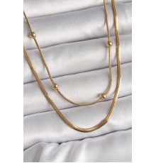 316L Çelik Gold Renk 2'Li Zincir İtalyan&Tüp Zincir Topçuk Detay Kadın Kolye - TJ-BKO9738