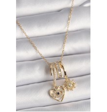 316L Çelik Gold Renk Zincir Zirkon Taşlı Sallantı Kalp Model Güneş Detay Kadın Charm Kolye - TJ-BKO9741