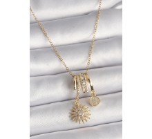 316L Çelik Gold Renk Zincir Zirkon Taşlı Sallantı Kutup Yılıdızı Model Kadın Charm Kolye - TJ-BKO9743