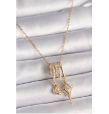 316L Çelik Gold Renk Zincir Sallantı Zirkon Taşlı Hilal Yılıdız Model Kadın Charm Kolye - TJ-BKO9745
