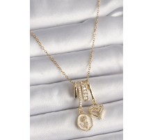 316L Çelik Gold Renk Zincir Sallantı Minimal Portre Gül Model Kalp Detay Kadın Charm Kolye - TJ-BKO9747