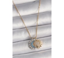 316L Çelik Gold Renk Zincir Zirkon Taşlı Ay Güneş Model Kadın Charm Kolye - TJ-BKO9749
