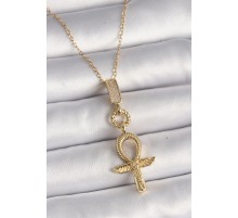 316L Çelik Gold Renk Zincir Zirkon Taşlı Ankh Model Kadın Kolye - TJ-BKO9751