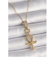 316L Çelik Gold Renk Zincir Zirkon Taşlı Ankh Model Kadın Kolye - TJ-BKO9751