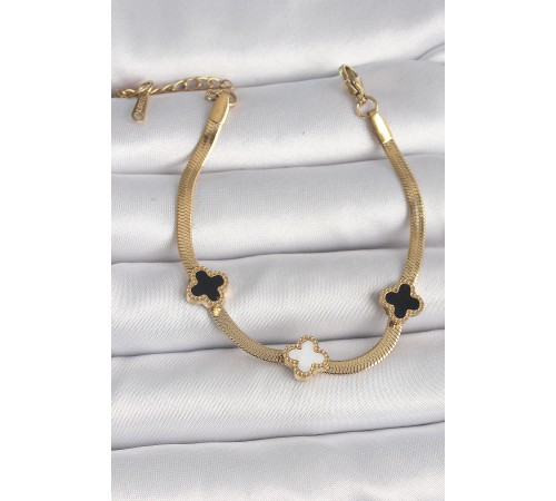 316L Çelik Gold Renk İtalyan Zincir Siyah Beyaz Yonca Model Kadın Bileklik - TJ-BB6657 316L Çelik Gold Renk İtalyan Zincir Siyah Beyaz Yonca Model Kadın Bileklik - TJ-BB6657