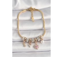 316L Çelik Gold Renk Zincir Zirkon Taşlı Sallantı Kalp Model İnci Detay Charm Kadın Bileklik - TJ-BB6688