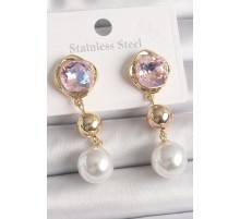Pirinç Gold Renk Pembe Zirkon Taşlı Sallantı İnci Detay Kadın Küpe - TJ-BKP10090