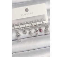 Pirinç Gümüş Renk Sallantı Zirkon Taşlı Çoklu Figür Kadın Küpe Seti - TJ-BKP10135