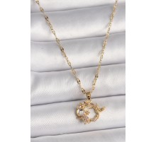 316L Çelik Gold Renk Zincir Zirkon Taşlı Sinek Kuşu Figür Çiçek Figür Kadın Kolye - TJ-BKO9788