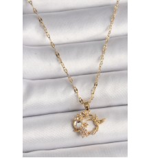 316L Çelik Gold Renk Zincir Zirkon Taşlı Sinek Kuşu Figür Çiçek Figür Kadın Kolye - TJ-BKO9788
