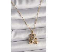 316L Çelik Gold Renk Zincir Renkli Zirkon Taşlı Ayıcık Figür Taşlı Kalp Detay Kadın Kolye - TJ-BKO9792