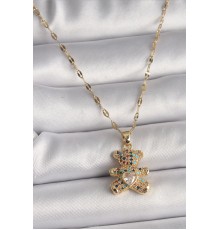 316L Çelik Gold Renk Zincir Renkli Zirkon Taşlı Ayıcık Figür Taşlı Kalp Detay Kadın Kolye - TJ-BKO9792
