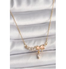 316L Çelik Gold Renk Zincir Zirkon Taşlı Pembe Mineli Fiyonk Model Sallantı Taş Detay Kadın Kolye - TJ-BKO9794
