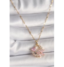 316L Çelik Gold Renk Zincir Pembe Zirkon Taşlı Çiçek Figür Kalp Detay Kadın Kolye - TJ-BKO9796