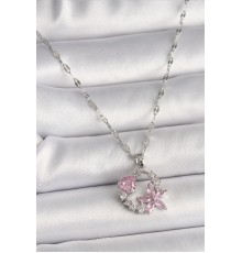 316L Çelik Gümüş Renk Zincir Pembe Zirkon Taşlı Çiçek Figür Kalp Detay Kadın Kolye - TJ-BKO9797