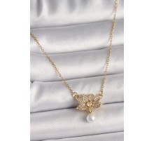 316L Çelik Gold Renk Zincir Zirkon Taşlı Lotus Çiçeği Figür Sallantı İnci Detay Kadın Kolye - TJ-BKO9798