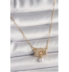 316L Çelik Gold Renk Zincir Zirkon Taşlı Lotus Çiçeği Figür Sallantı İnci Detay Kadın Kolye - TJ-BKO9798
