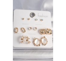 Pirinç Gold Renk Zirkon Taşlı İncili Xoxo Model 7 Çift Kadın Küpe Seti - TJ-BKP10168