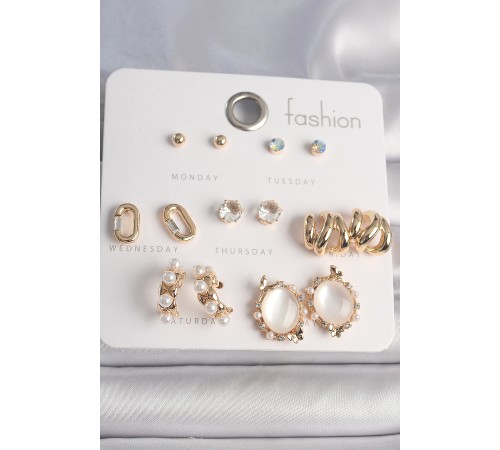 Pirinç Gold Renk Zirkon Taşlı İncili Xoxo Model 7 Çift Kadın Küpe Seti - TJ-BKP10168 Pirinç Gold Renk Zirkon Taşlı İncili Xoxo Model 7 Çift Kadın Küpe Seti - TJ-BKP10168