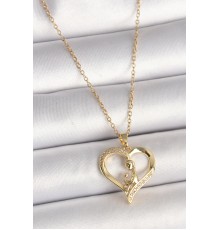 316L Çelik Gold Renk Zincir Zirkon Taşlı Kalp Model Kadın Kolye - TJ-BKO9855