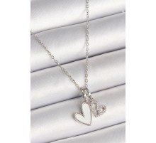 316L Çelik Gümüş Renk Zincir 2'Li Sallantı Zirkon Taşlı Kalp Model Kadın Kolye - TJ-BKO9858